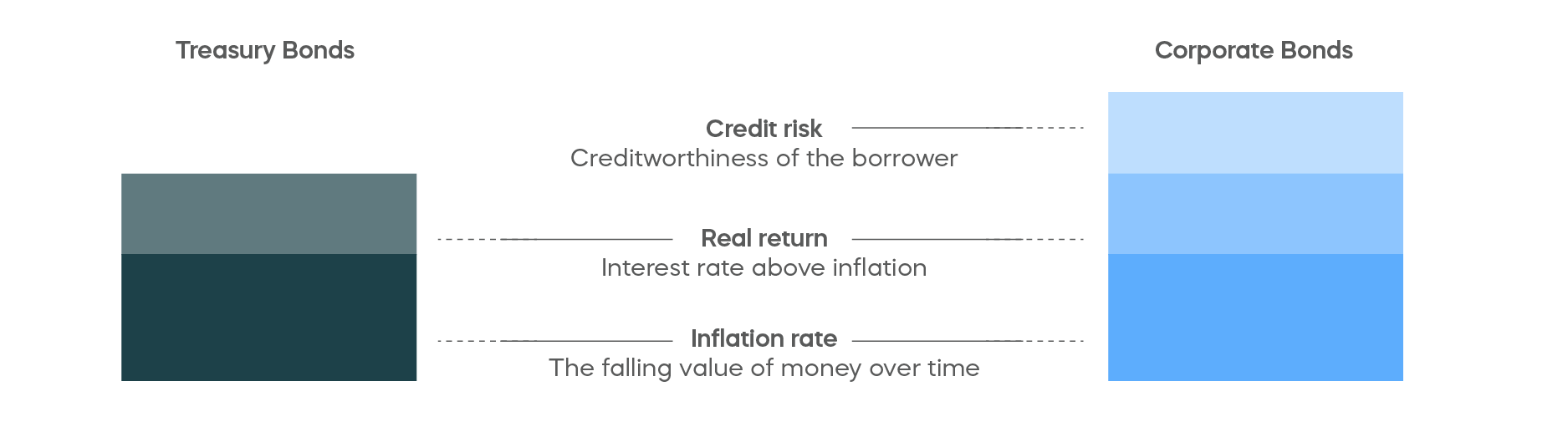 Infographic compares how treasury bonds and corporate bonds are impacted by credit risk, real return, and inflation rate.