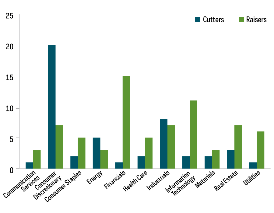 Chart shows the number of dividend cutters versus raisers in the S&P 500 broken down by sector, from 1/1/20—5/11/20.