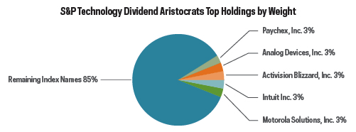 Two pie charts, with the first showing S&P 1500 Technology Sector top holdings by weight—where Microsoft is at 19% and Apple is at 21%. Second pie chart shows S&P Technology Dividend Artistocrats top holdings by weight—with Paychex, Inc, Analog Devices, Activision Blizzard, Intuit Inc, and Motorola all at 3%.